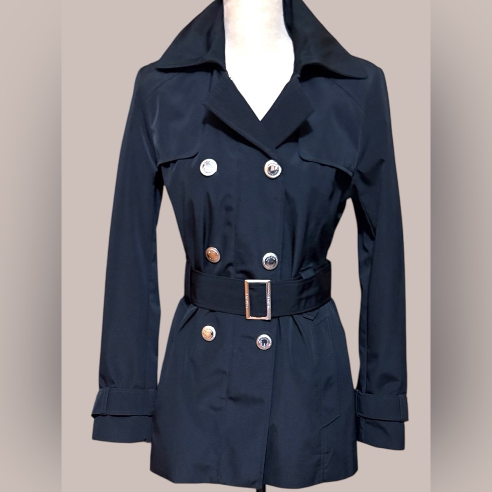 Calvin Klein-Classy black trench coat. Size small. Silver details/Hood. Like new - Picture 2 of 16